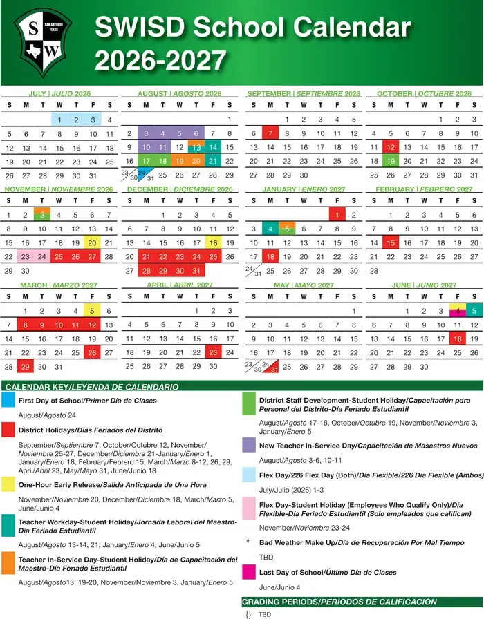 Southwest ISD 2026–2027 academic calendar