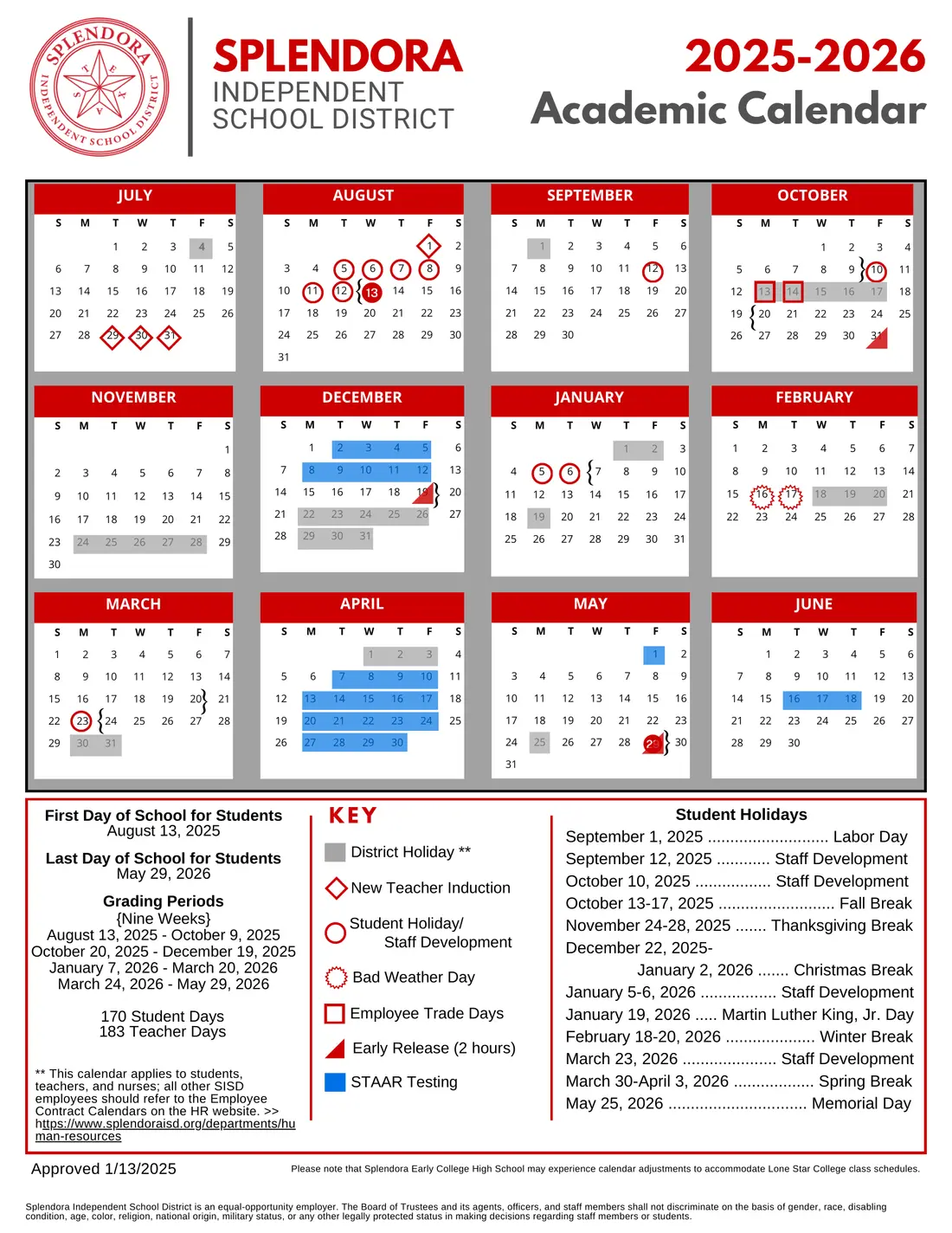 Splendora ISD 2026–2027 academic calendar