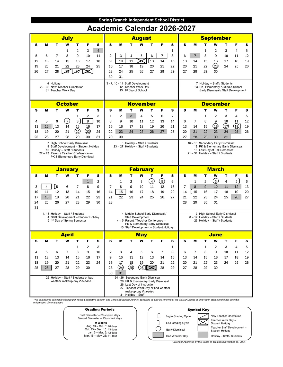 Spring Branch ISD 2026–2027 academic calendar