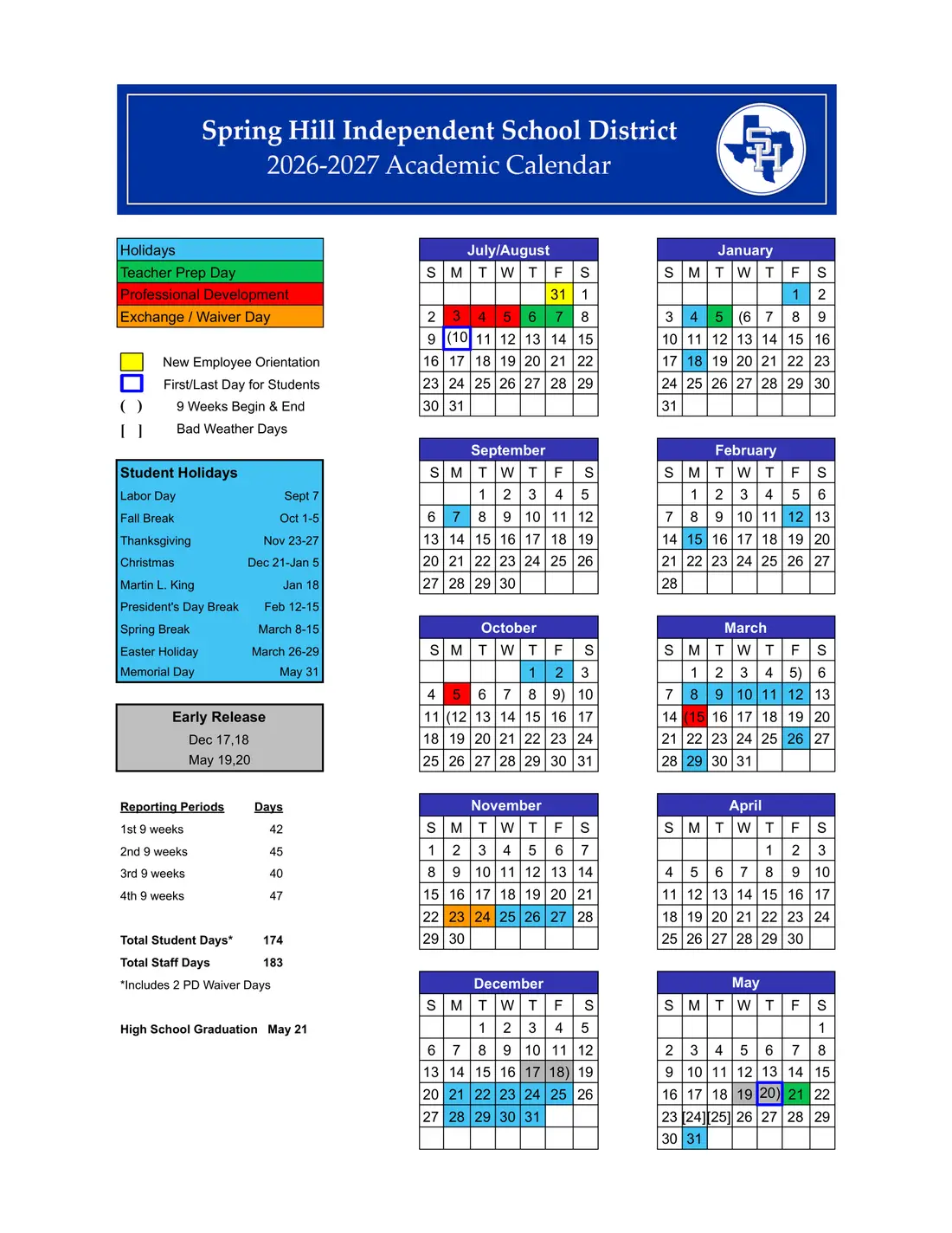 Spring Hill ISD 2026–2027 academic calendar