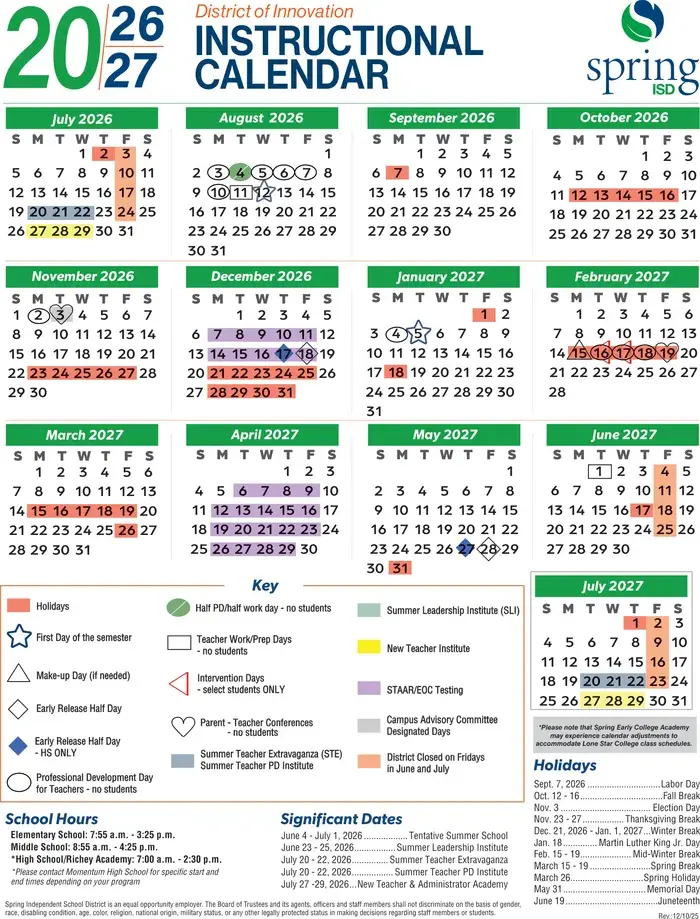 Spring ISD 2026–2027 academic calendar