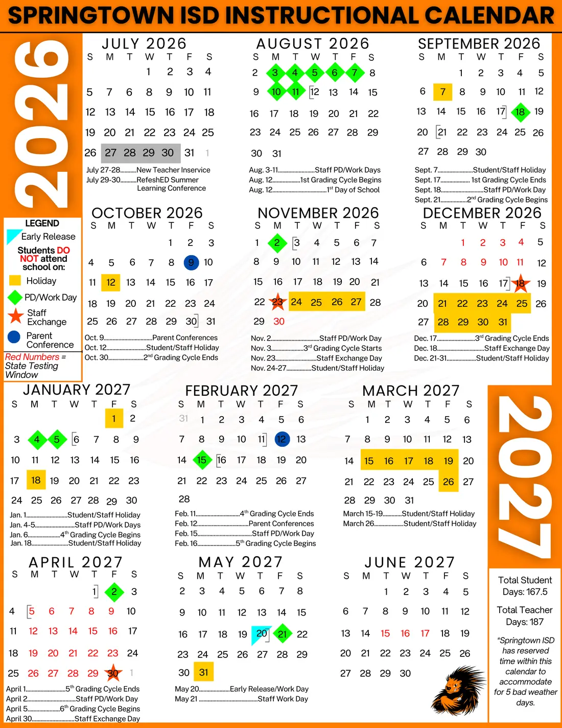 Springtown ISD 2026–2027 academic calendar