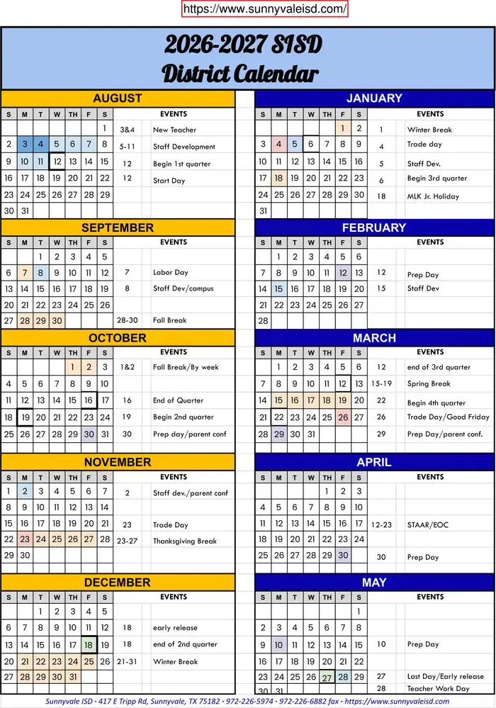 Sunnyvale ISD 2026–2027 academic calendar