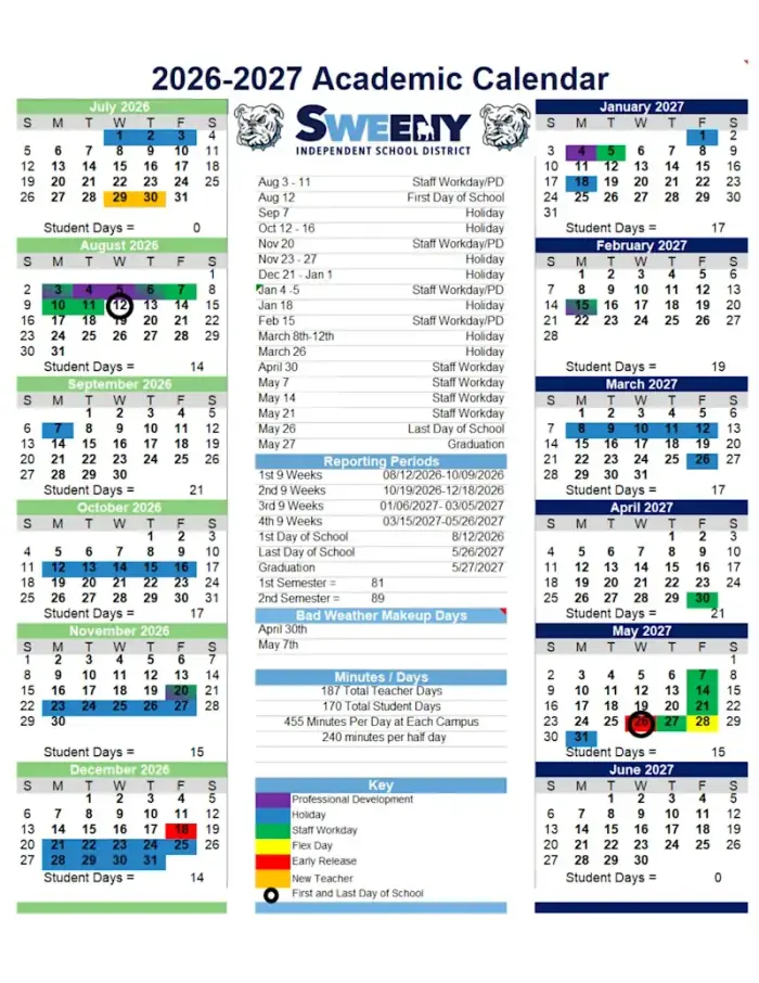 Sweeny ISD 2026–2027 academic calendar