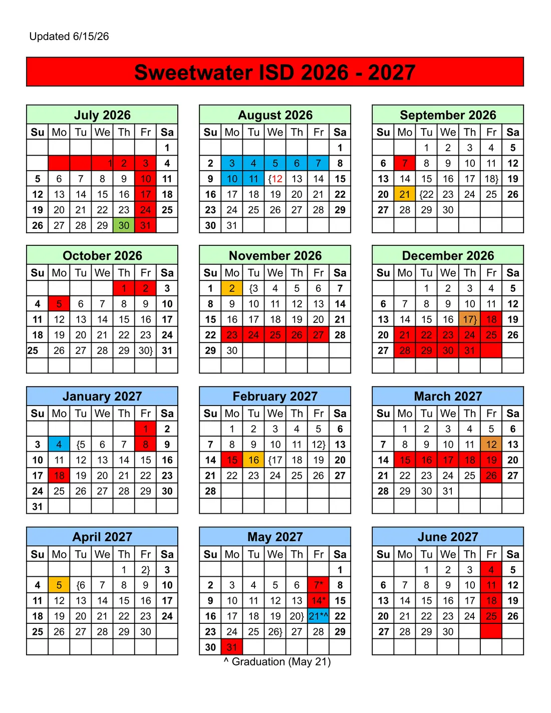Sweetwater ISD 2026–2027 academic calendar