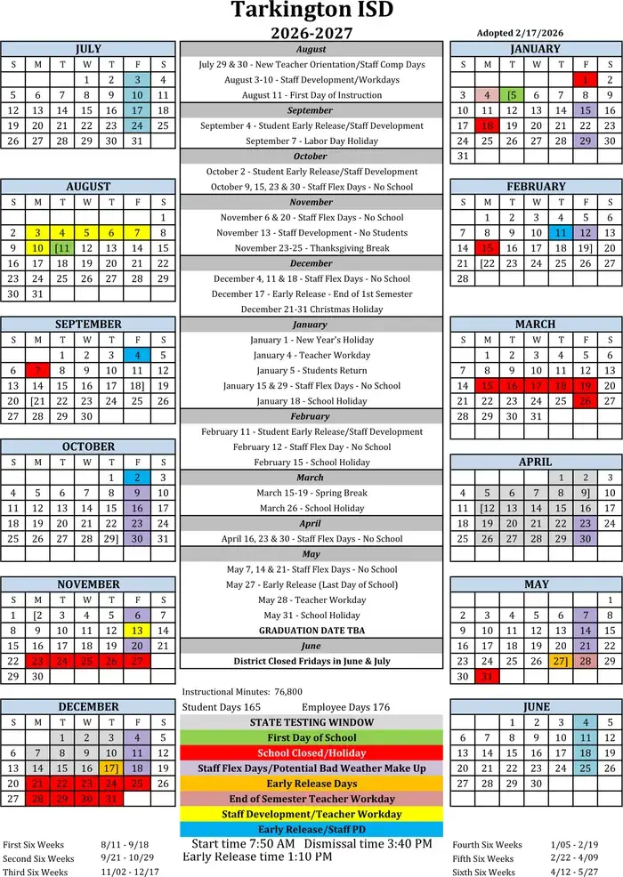 Tarkington ISD 2026–2027 academic calendar