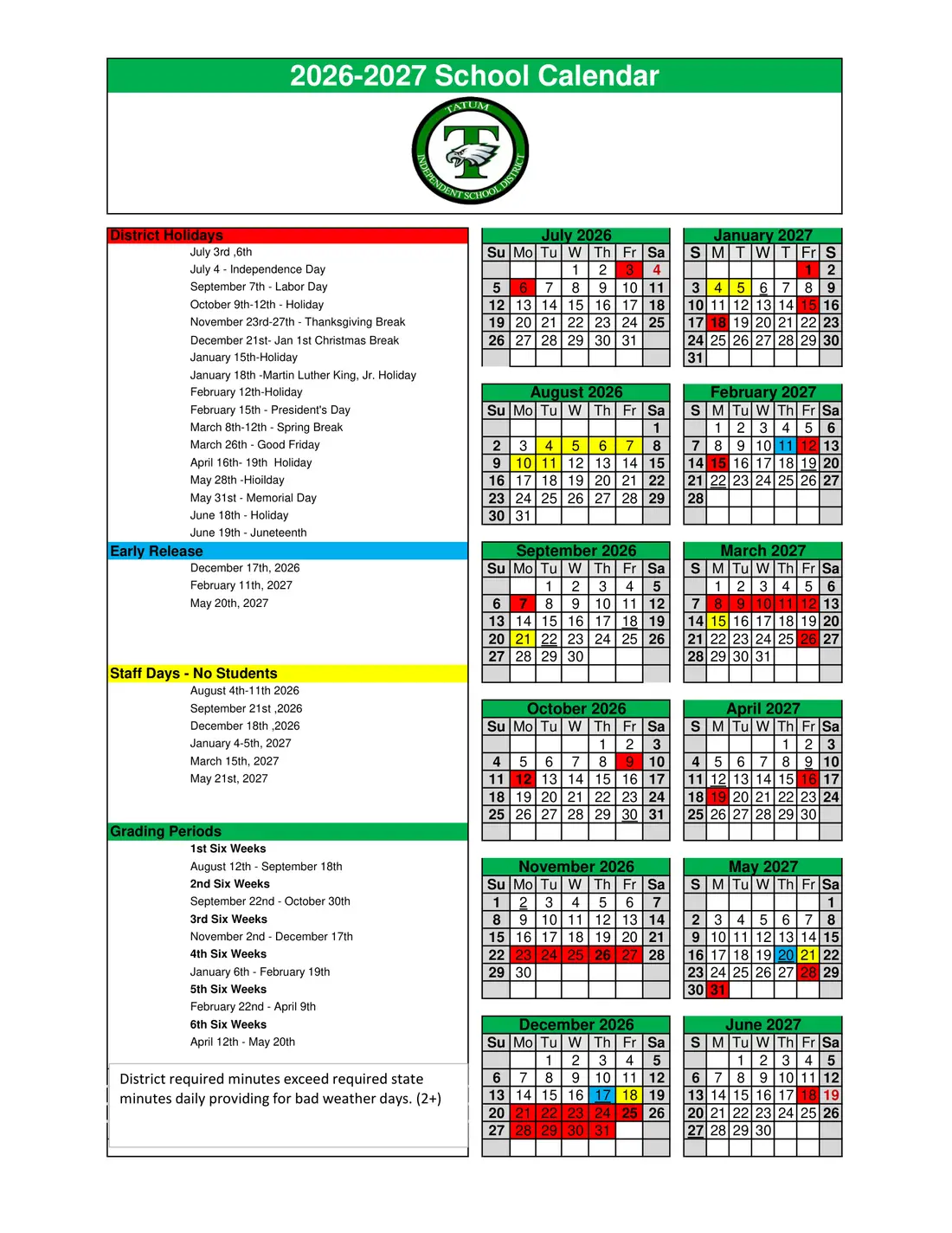 Tatum ISD 2026–2027 academic calendar