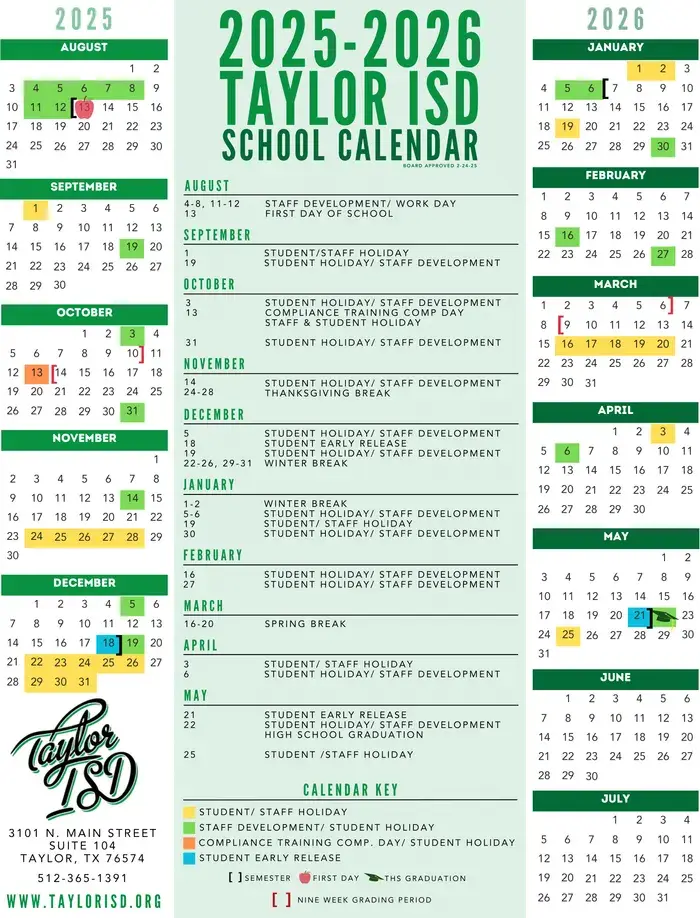 Taylor ISD 2026–2027 academic calendar