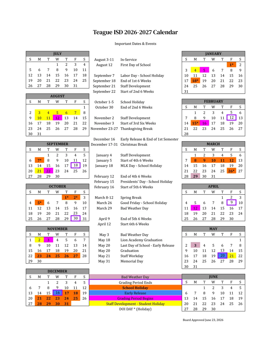 Teague ISD 2026–2027 academic calendar