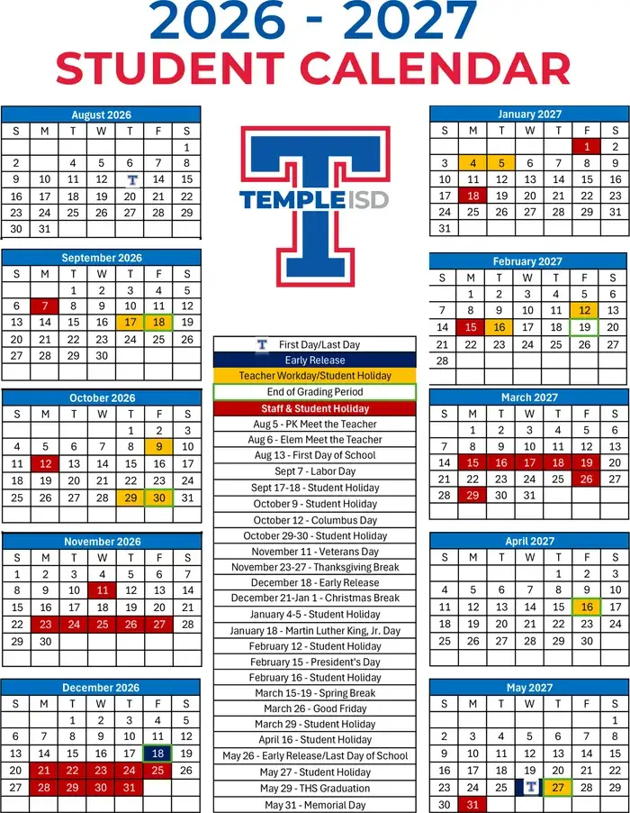 Temple ISD 2026–2027 academic calendar