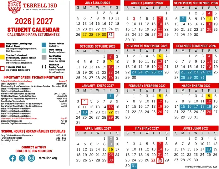 Terrell ISD 2026–2027 academic calendar