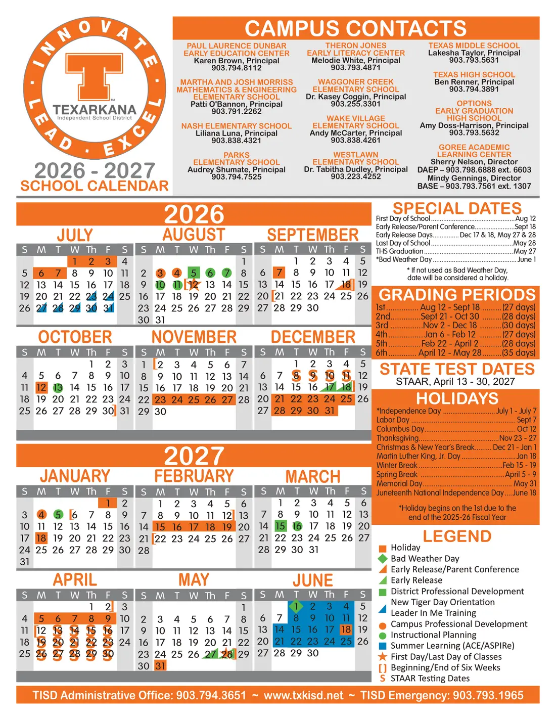 Texarkana ISD 2026–2027 academic calendar