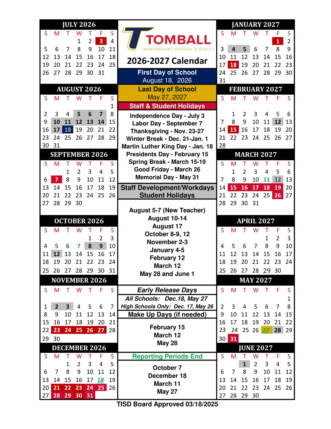 Tomball ISD 2026–2027 academic calendar
