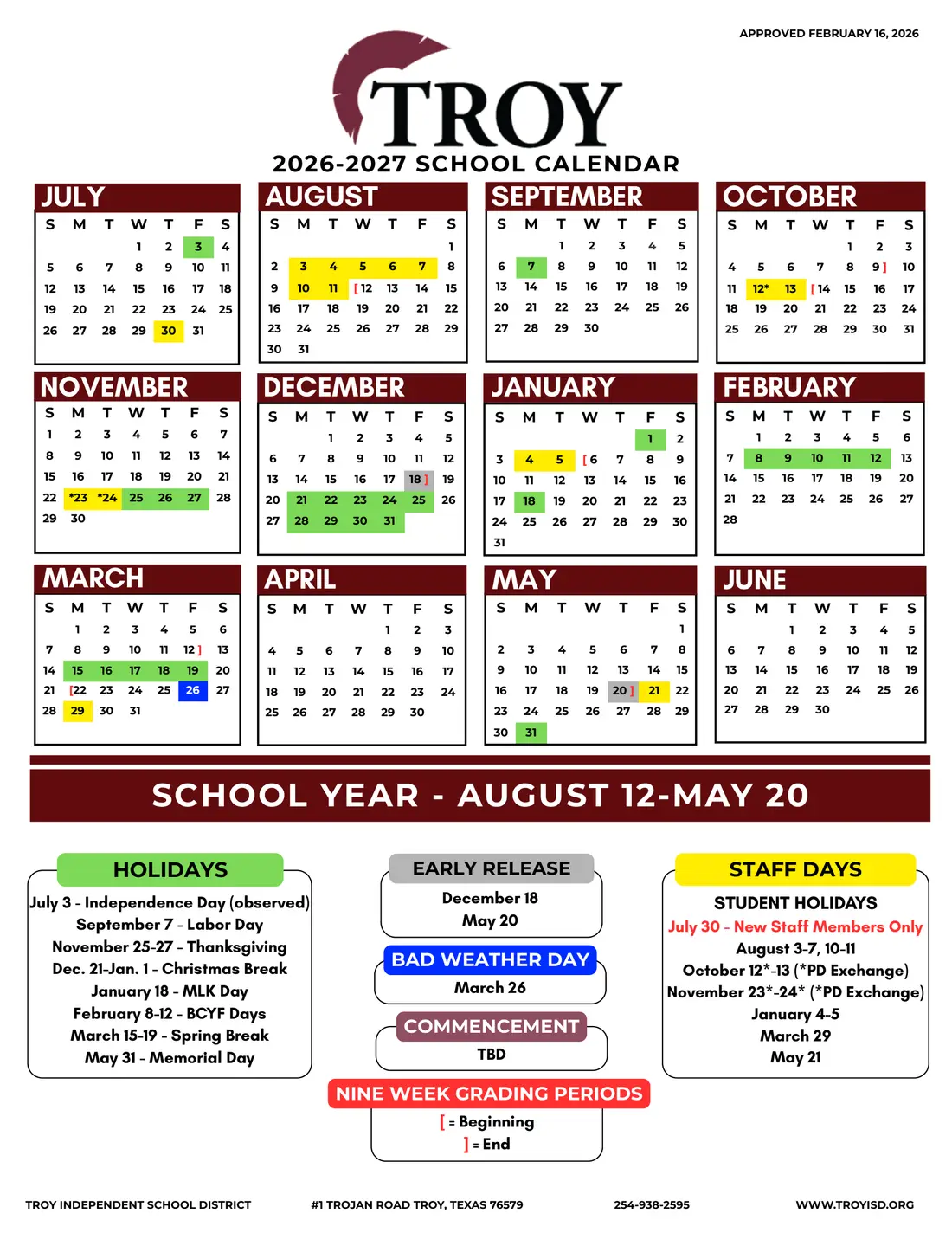 Troy ISD 2026–2027 academic calendar