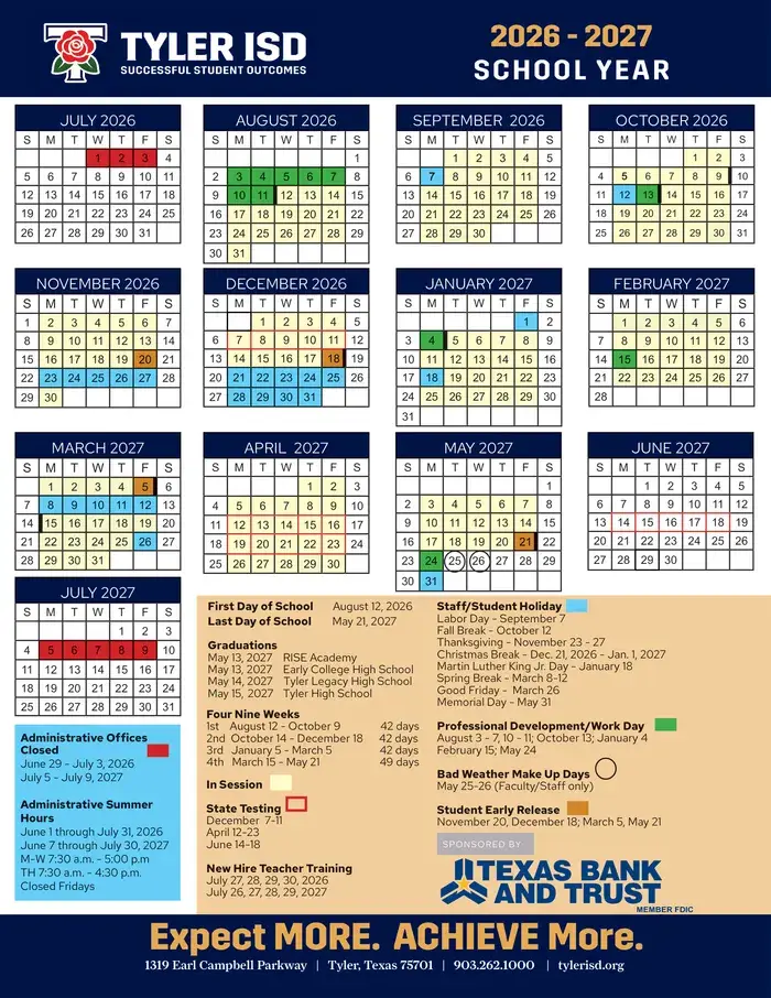 Tyler ISD 2026–2027 academic calendar