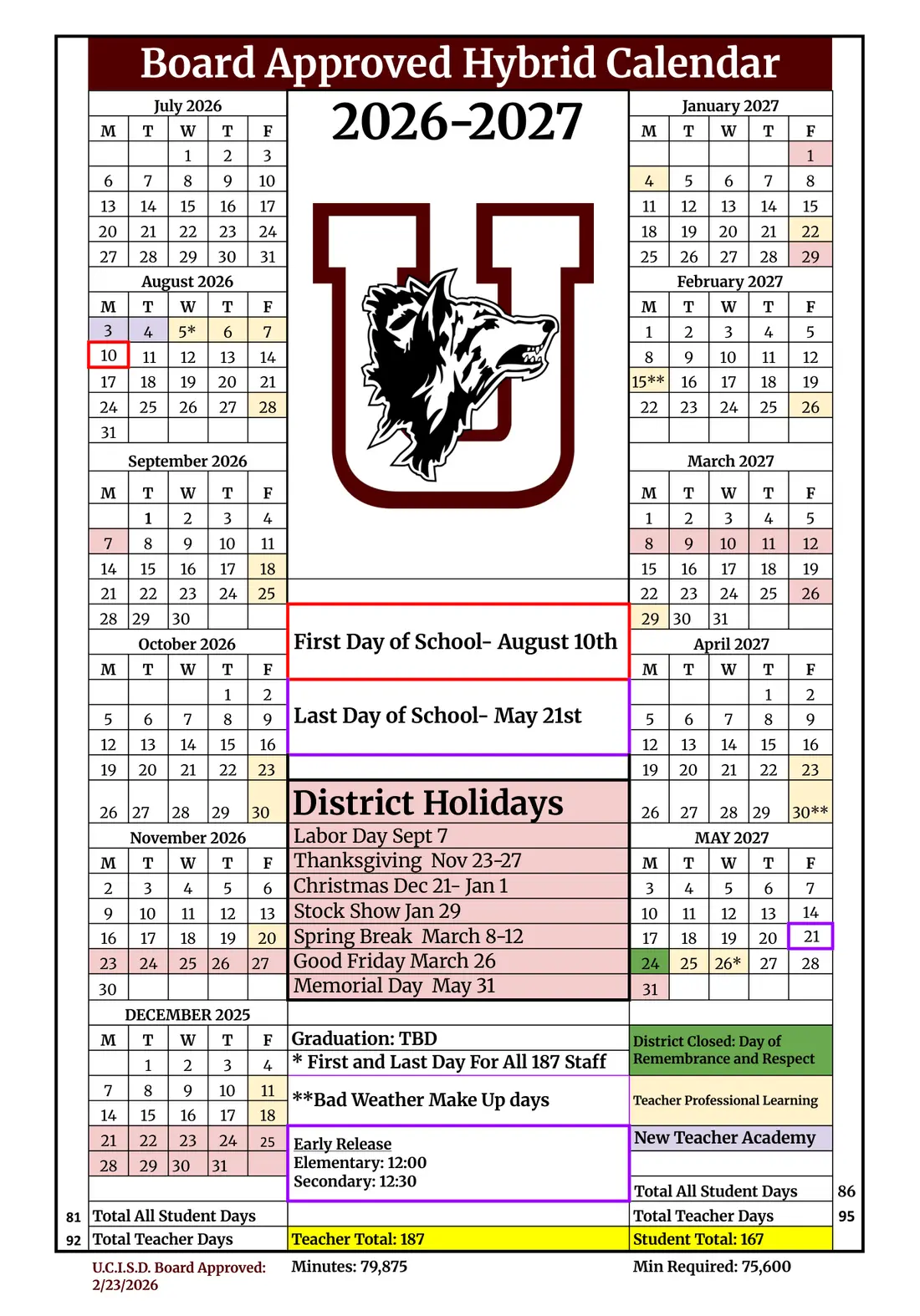 Uvalde CISD 2026–2027 academic calendar