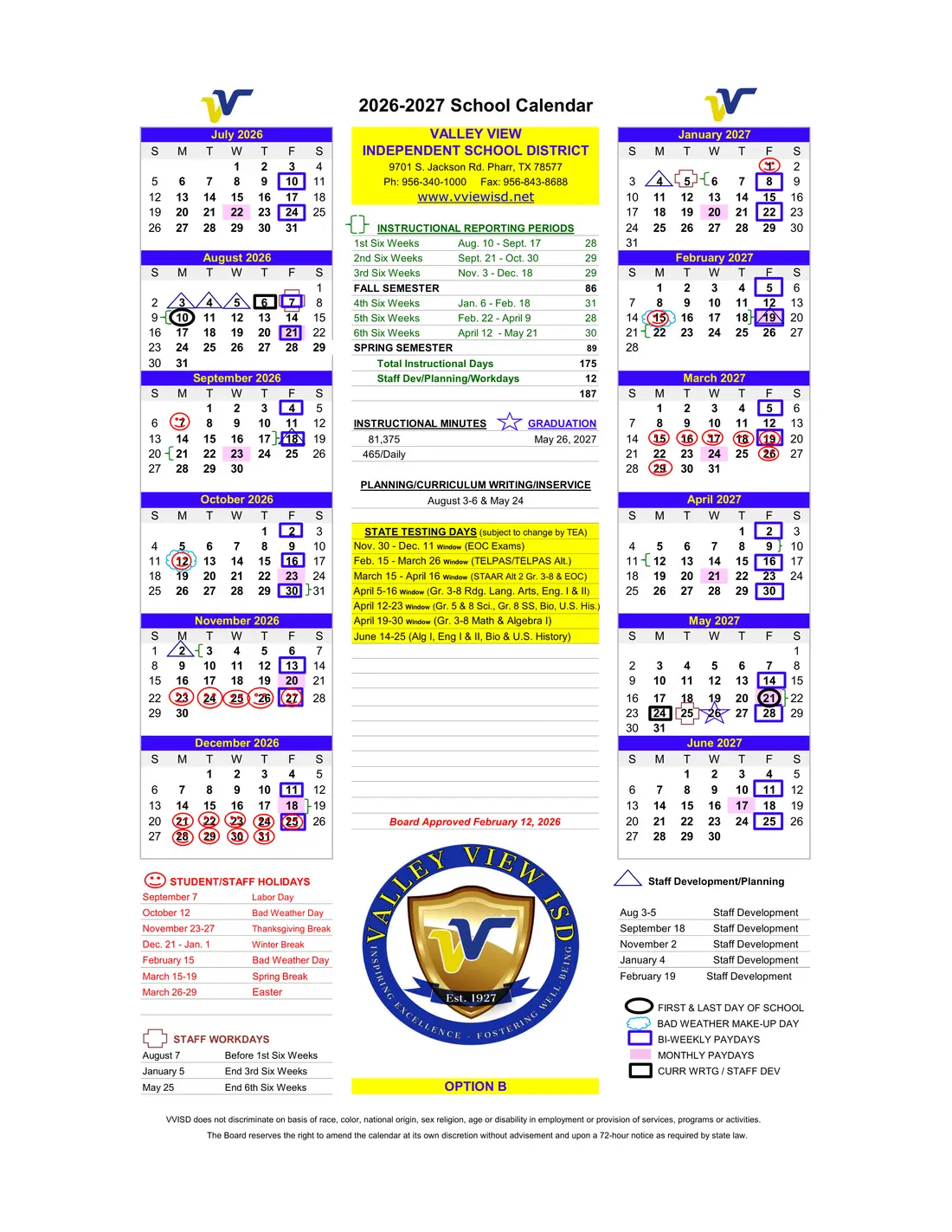 Valley View ISD 2026–2027 academic calendar