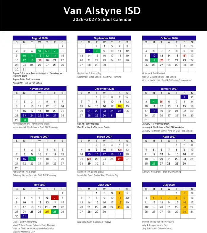 Van Alstyne ISD 2026–2027 academic calendar