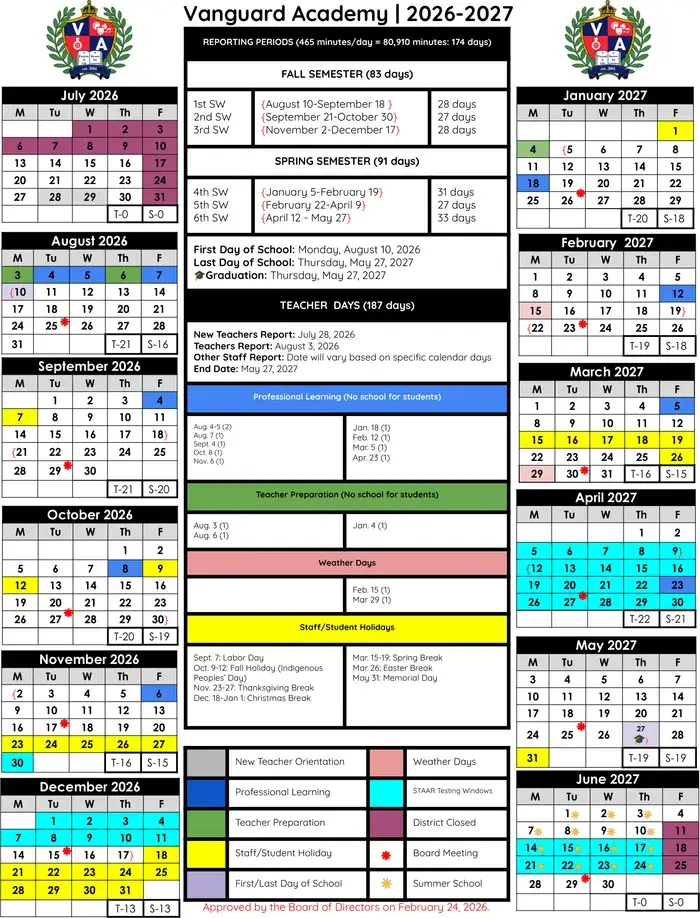 Vanguard Academy 2026–2027 academic calendar