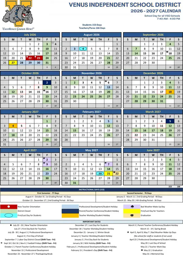 Venus ISD 2026–2027 academic calendar