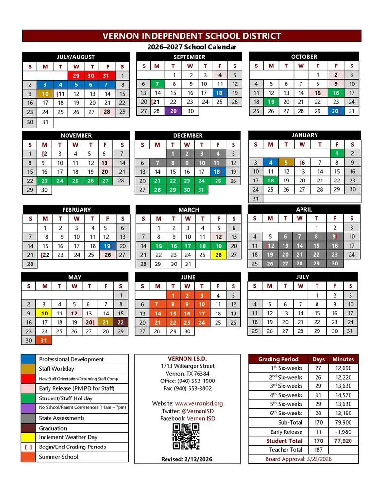 Vernon ISD 2026–2027 academic calendar