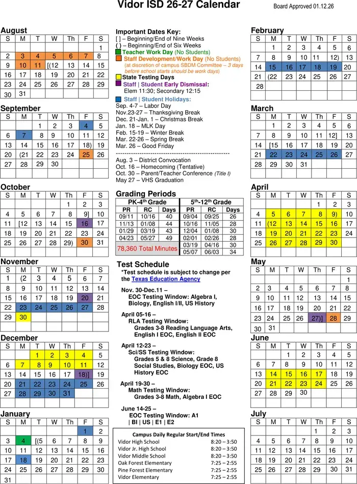 Vidor ISD 2026–2027 academic calendar