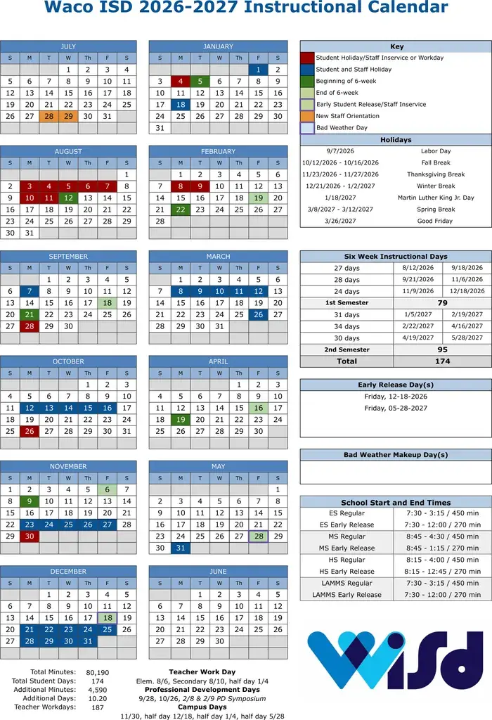 Waco ISD 2026–2027 academic calendar