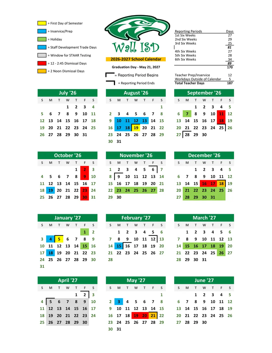 Wall ISD 2026–2027 academic calendar