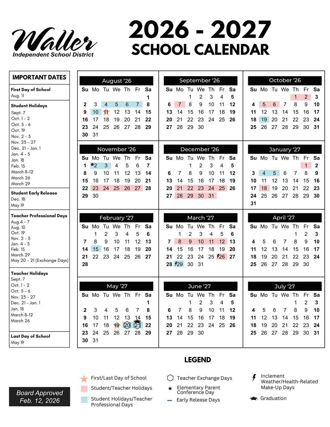 Waller ISD 2026–2027 academic calendar