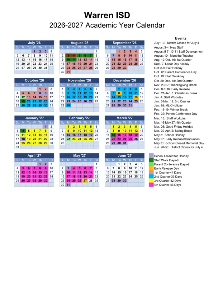 Warren ISD 2026–2027 academic calendar