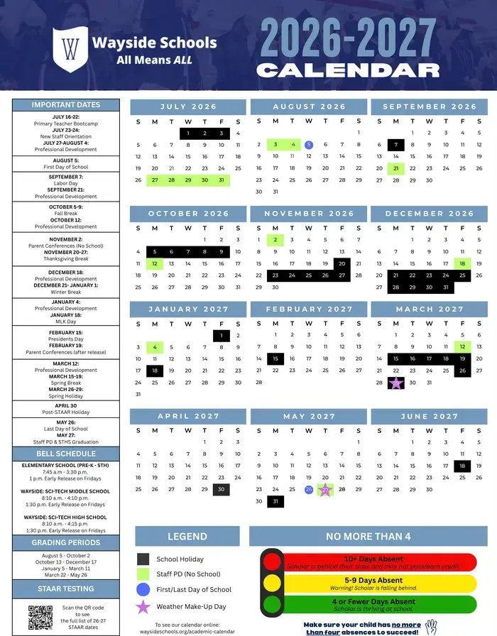 Wayside Schools 2026–2027 academic calendar