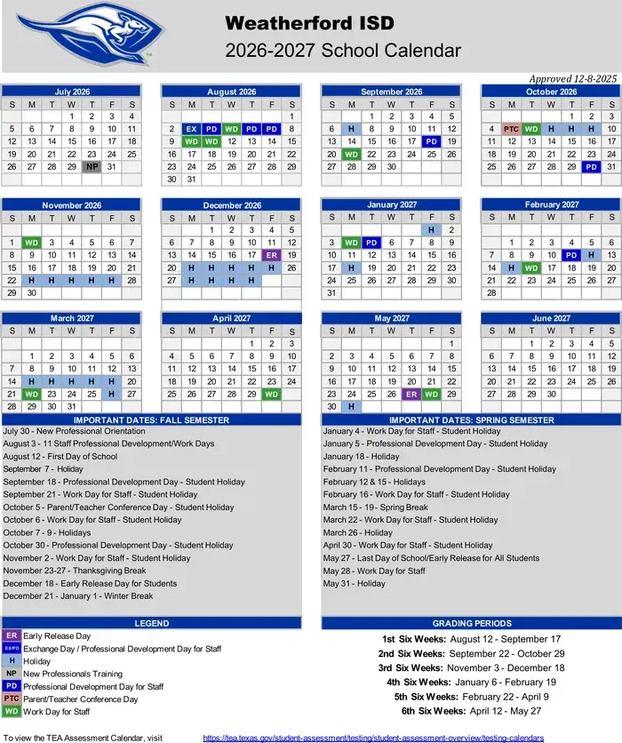 Weatherford ISD 2026–2027 academic calendar