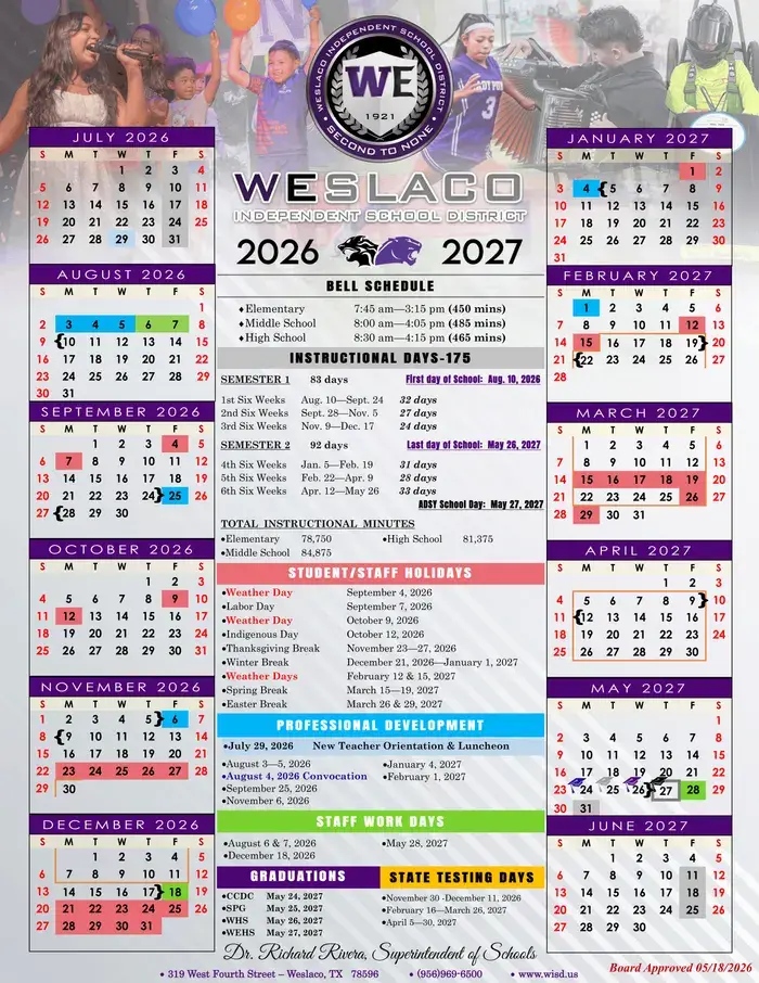 Weslaco ISD 2026–2027 academic calendar