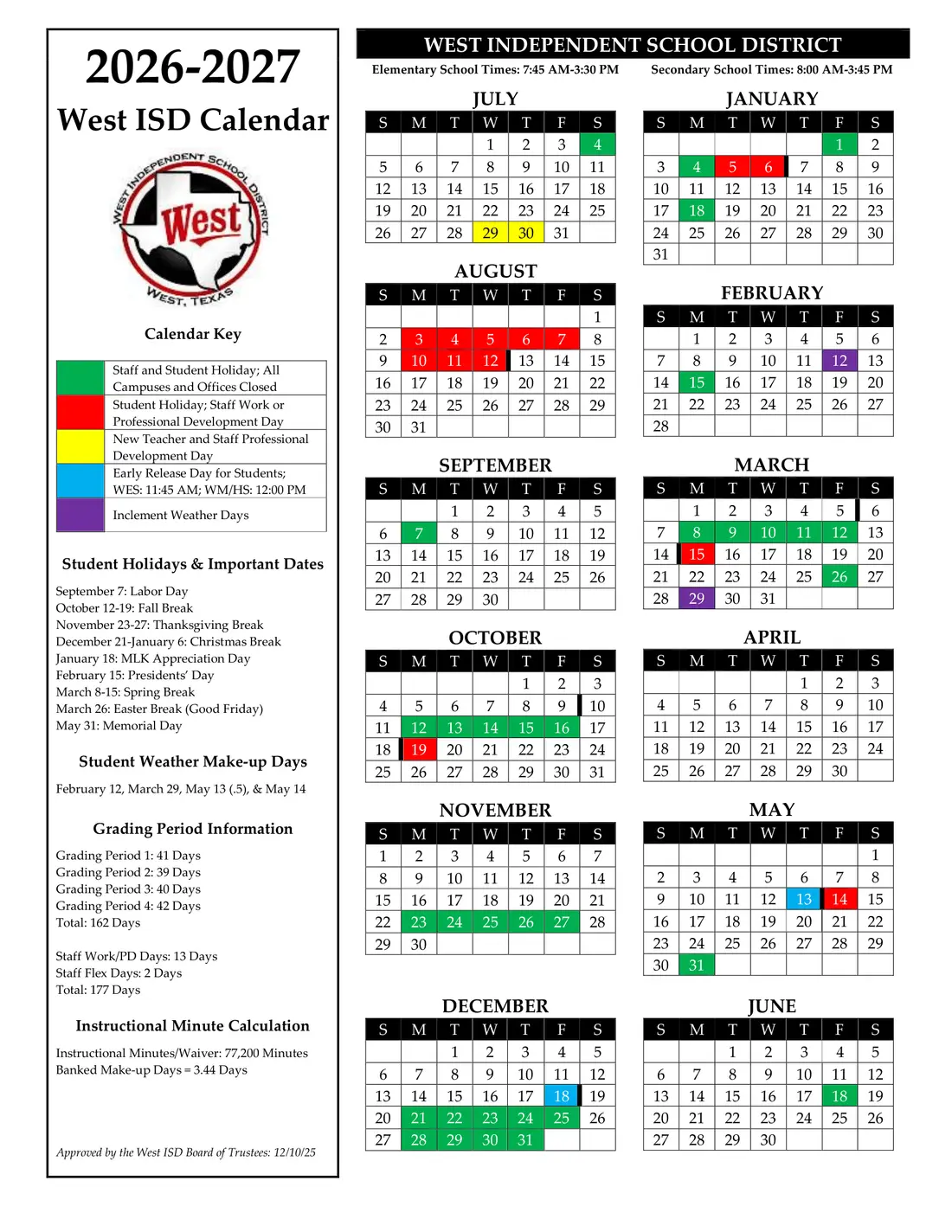 West ISD 2026–2027 academic calendar