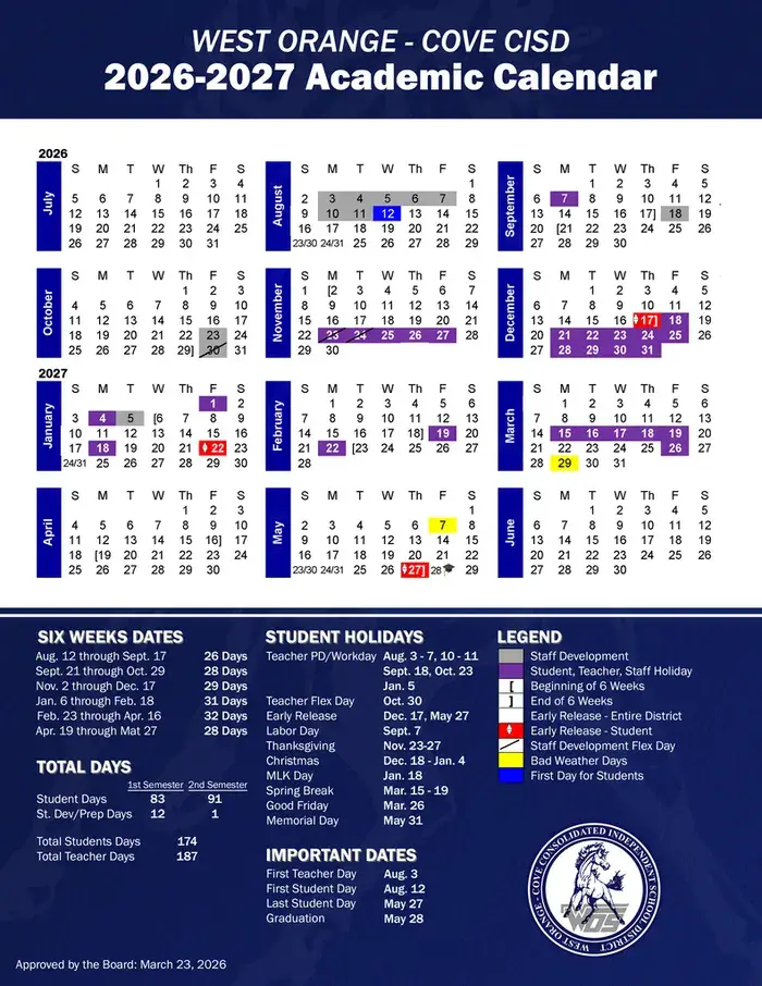 West Orange-cove CISD 2026–2027 academic calendar