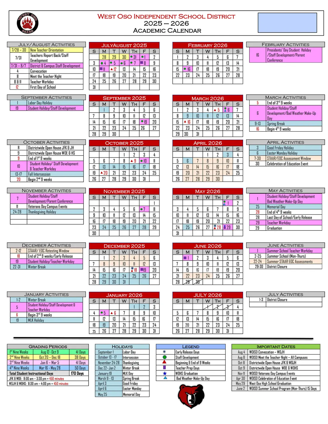West Oso ISD 2026–2027 academic calendar
