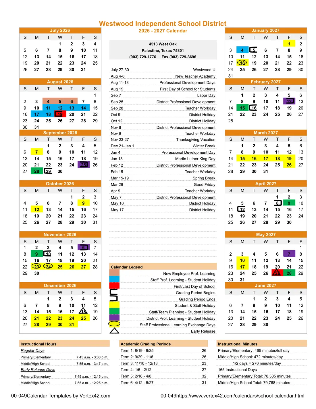 Westwood ISD 2026–2027 academic calendar