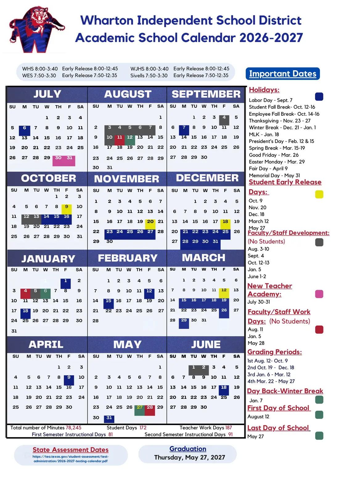 Wharton ISD 2026–2027 academic calendar