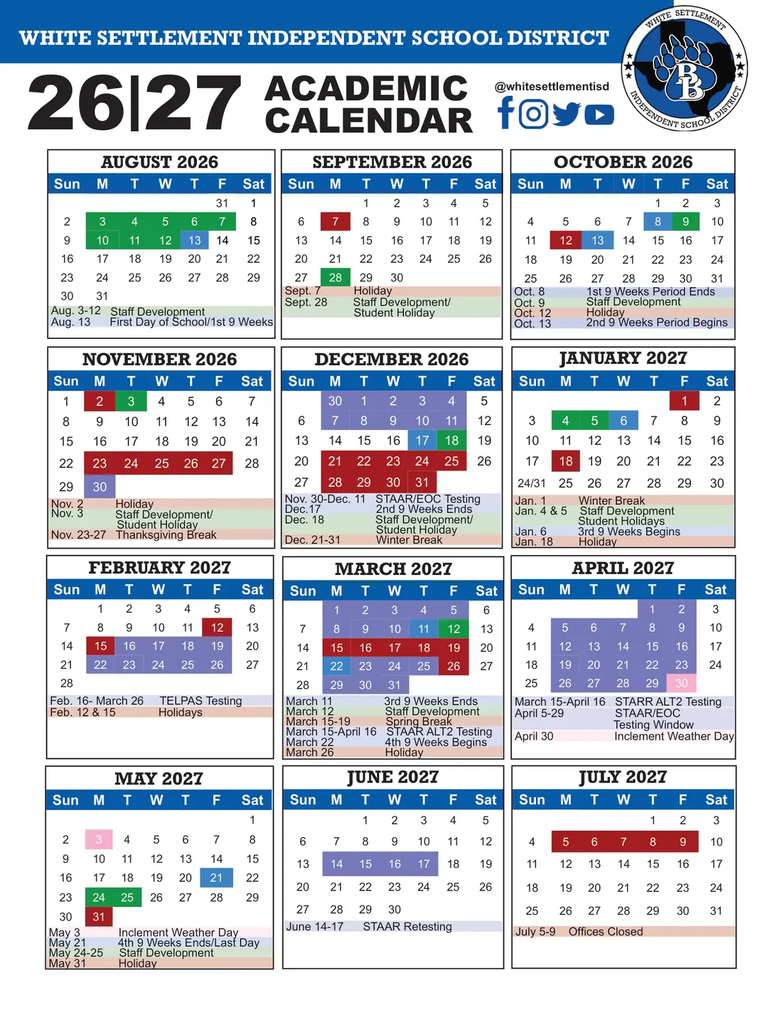 White Settlement ISD 2026–2027 academic calendar