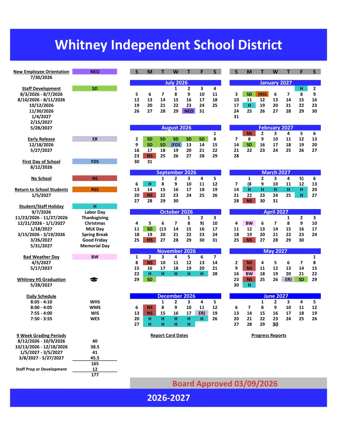 Whitney ISD 2026–2027 academic calendar