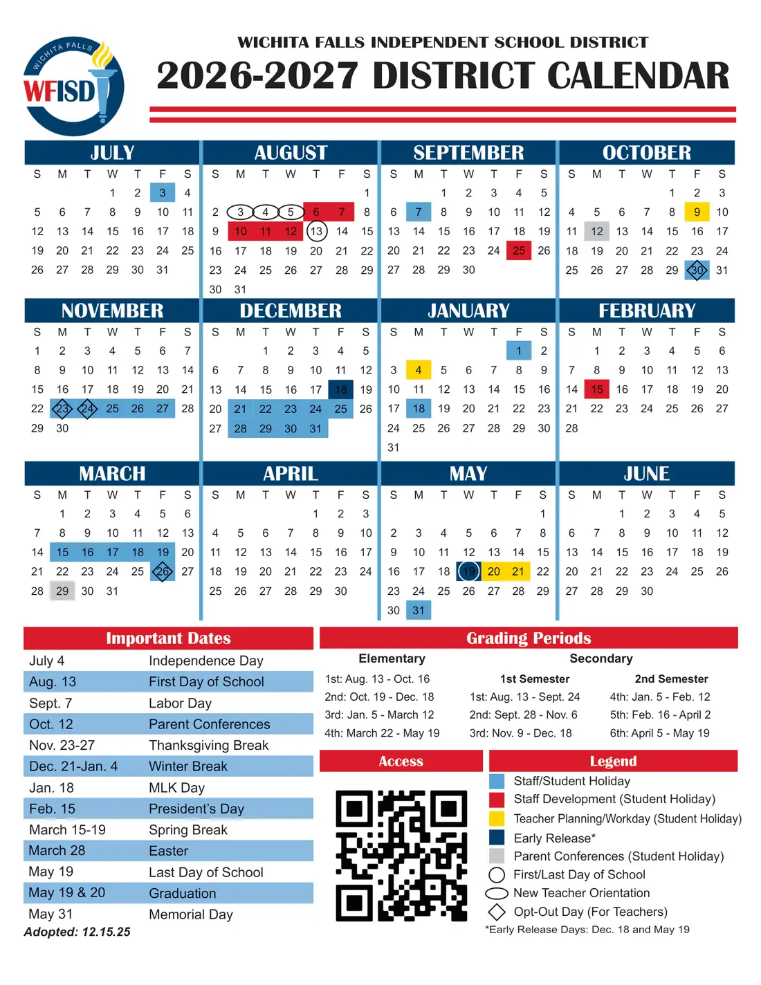Wichita Falls ISD 2026–2027 academic calendar