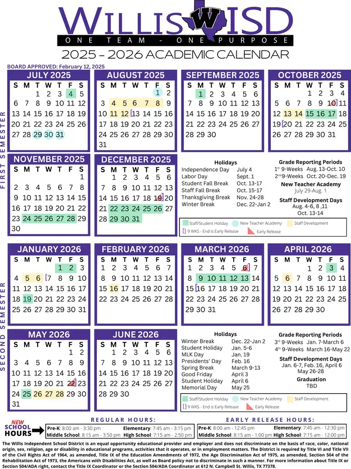 Willis ISD 2026–2027 academic calendar
