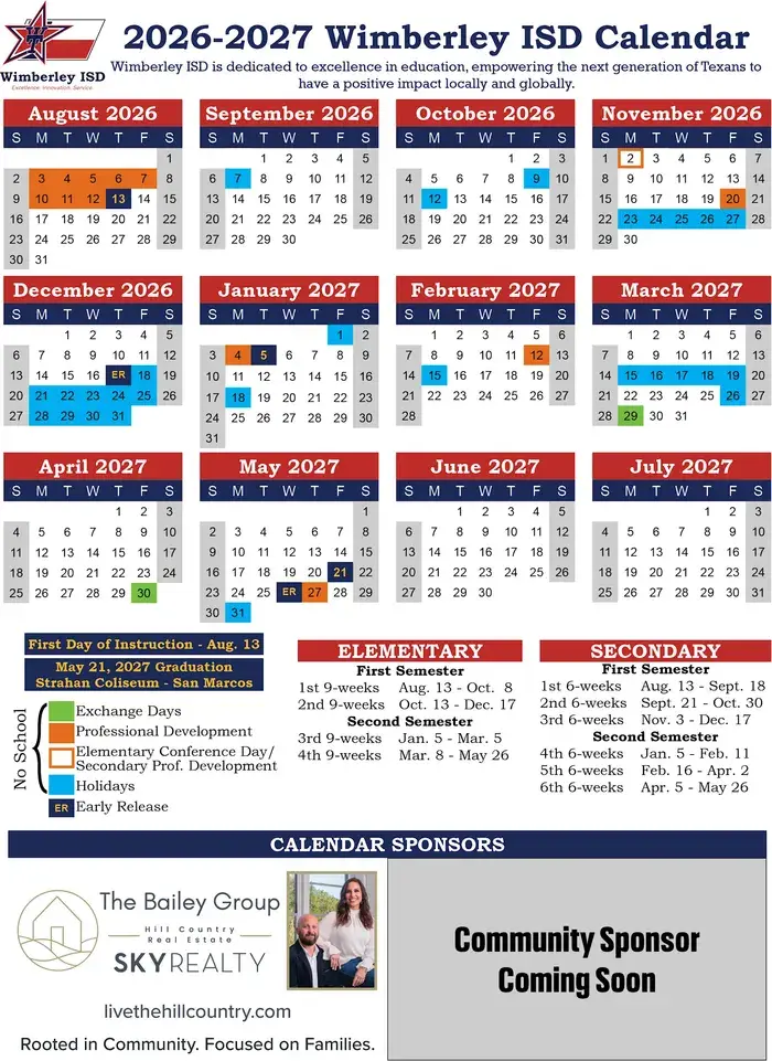 Wimberley ISD 2026–2027 academic calendar