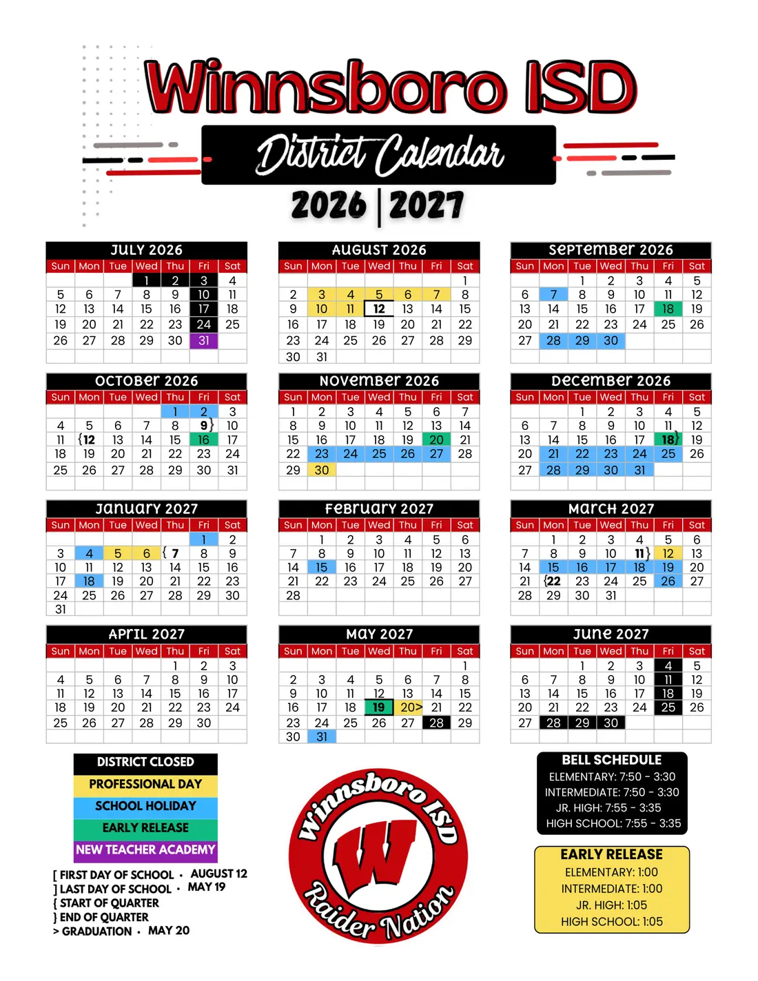 Winnsboro ISD 2026–2027 academic calendar
