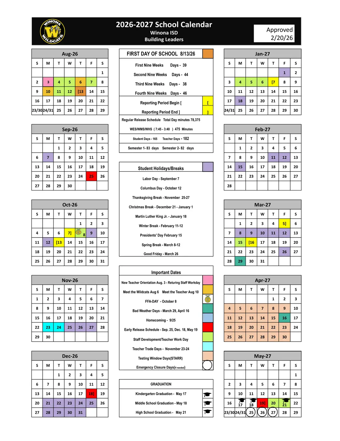 Winona ISD 2026–2027 academic calendar