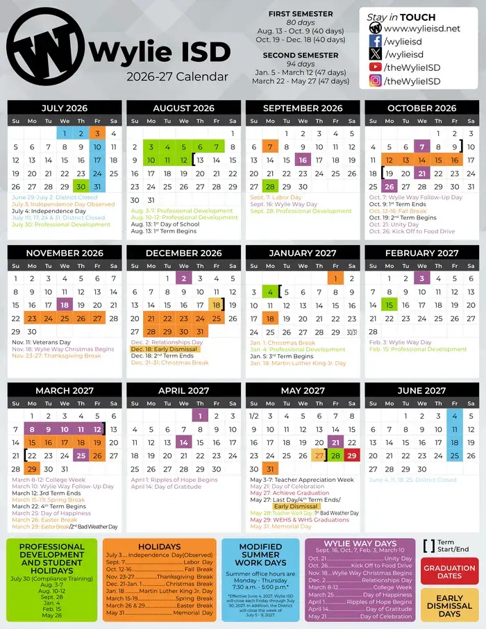 Wylie ISD 2026–2027 academic calendar