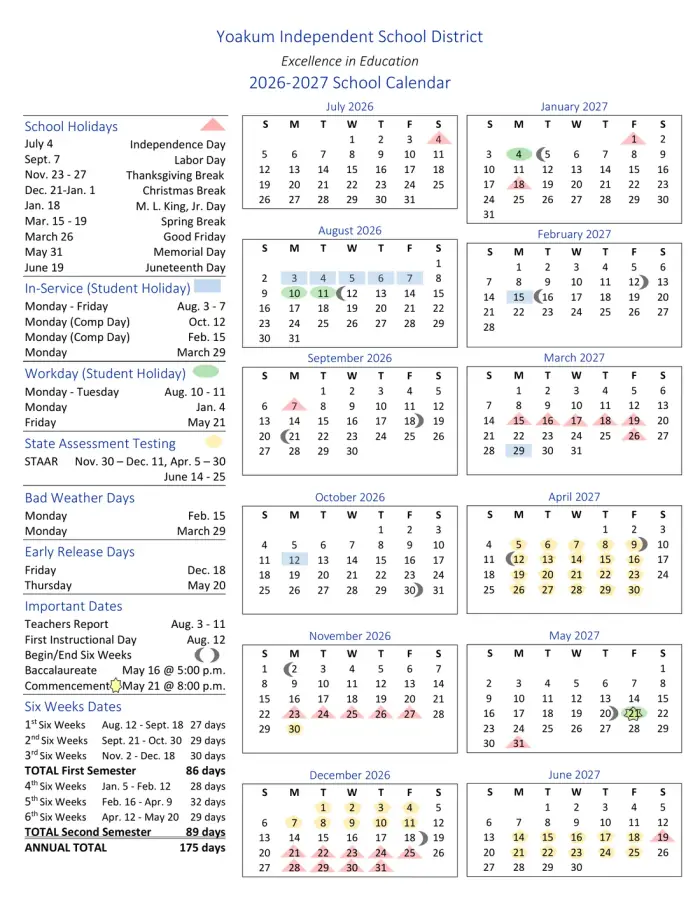 Yoakum ISD 2026–2027 academic calendar