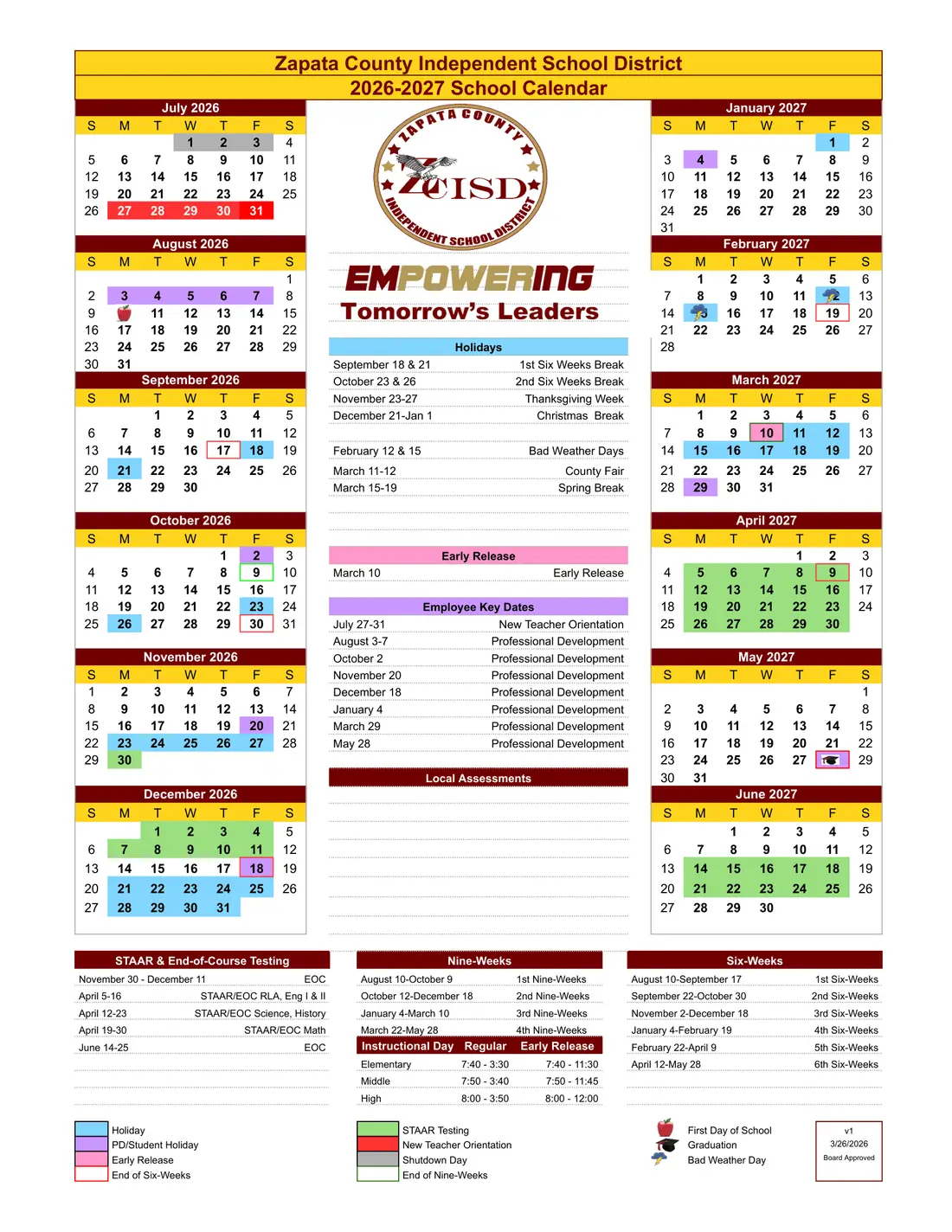 Zapata County ISD 2026–2027 academic calendar