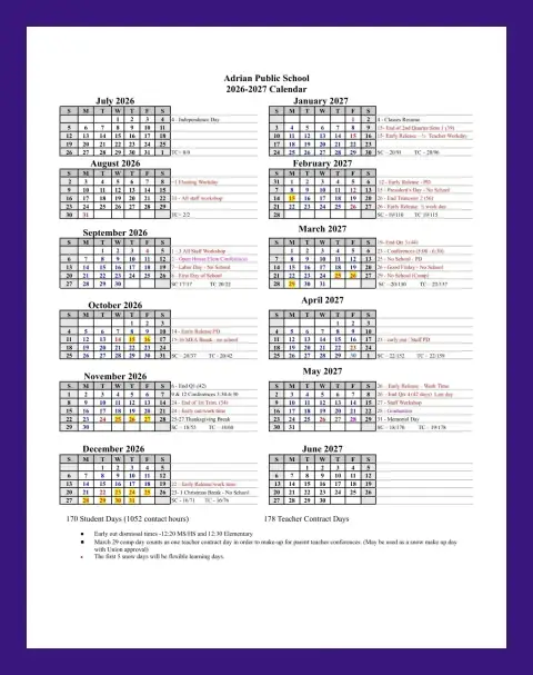 Adrian ISD 2026–2027 academic calendar