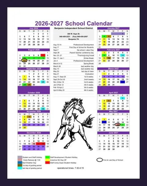 Benjamin ISD 2026–2027 academic calendar